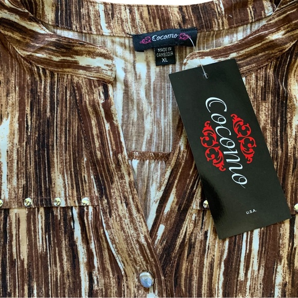 COCOMO XL Brown White 3/4 sleeve women's Pintuck Blouse top shirt - Picture 7 of 10